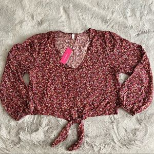 Xhiliration Women’s Medium Button Down Tie Front Balloon Sleeve Floral Crop Top